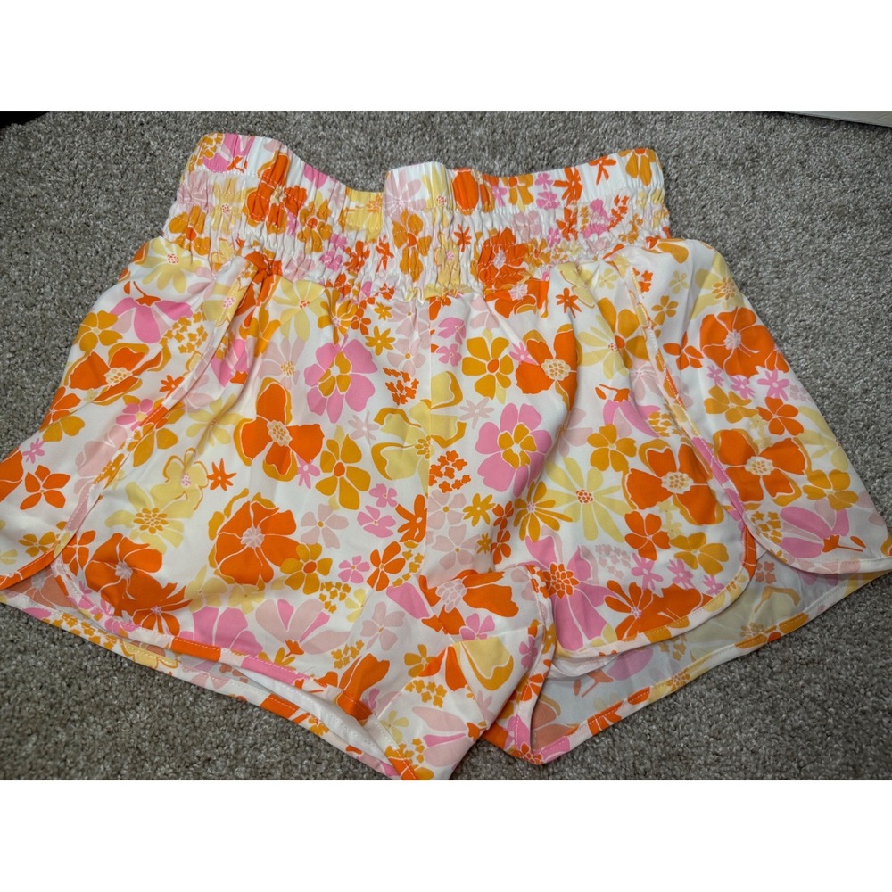 Retro Floral High Waisted Smocked Athletic Shorts Orange Pink Yellow XL